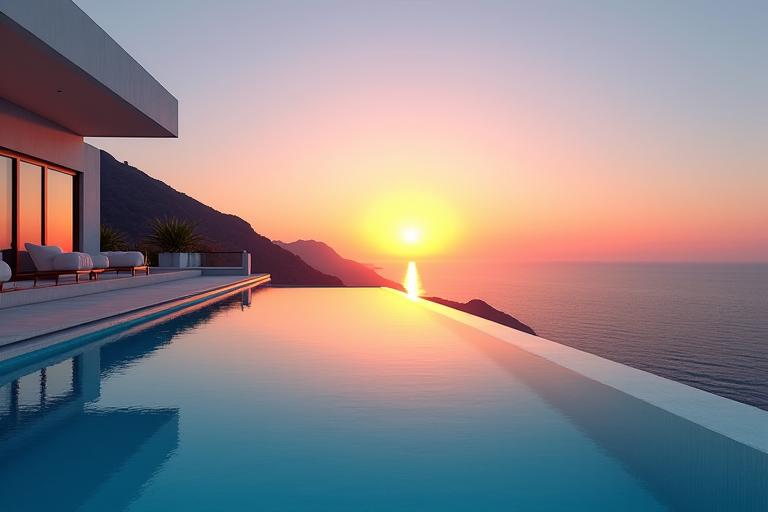 The infinity pool of a modern villa at sunset.