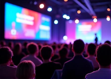 A wide shot of an engaged audience at a tech conference.