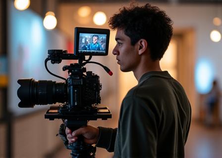 A person filming a promotional video with a professional camera rig.